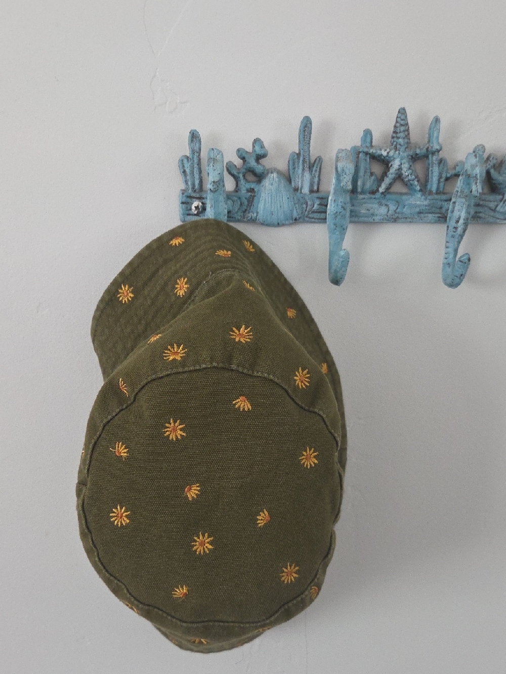 O'Neill Womens Olive Green Bucket Hat with Yellow Sunflowers Embroidery